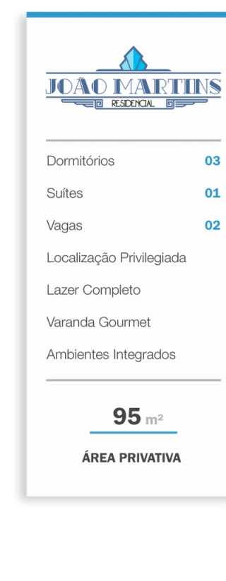 CARACTERÍSTICAS
• 03 Dormitórios (Sendo 1 Suíte)
• 02 Vagas de Garagem
• 02 Elevadores
• Pé Direito Alto (2,70 metros)
• Varanda Gourmet
• Persianas automatizadas
• Portas com sistema antiruídos
• Ventilação e Iluminação naturais
• Ambientes Integrados
• Janelas com esquadrias de alumínio
• Infraestrutura para Ar Condicionado
• Infraestrutura para Água Quente
• Laje técnica
ÁREA DE LAZER
• Piscina Adulto e Piscina Infantil, Jardim Suspenso
• Academia, Pista de Caminhada e Espaço Fitness
• Espaço Gourmet e Salão de Festas com Terraço
• Cine Club, Brinquedoteca, Playground
• Salão de Jogos e Quadra Poliesportiva